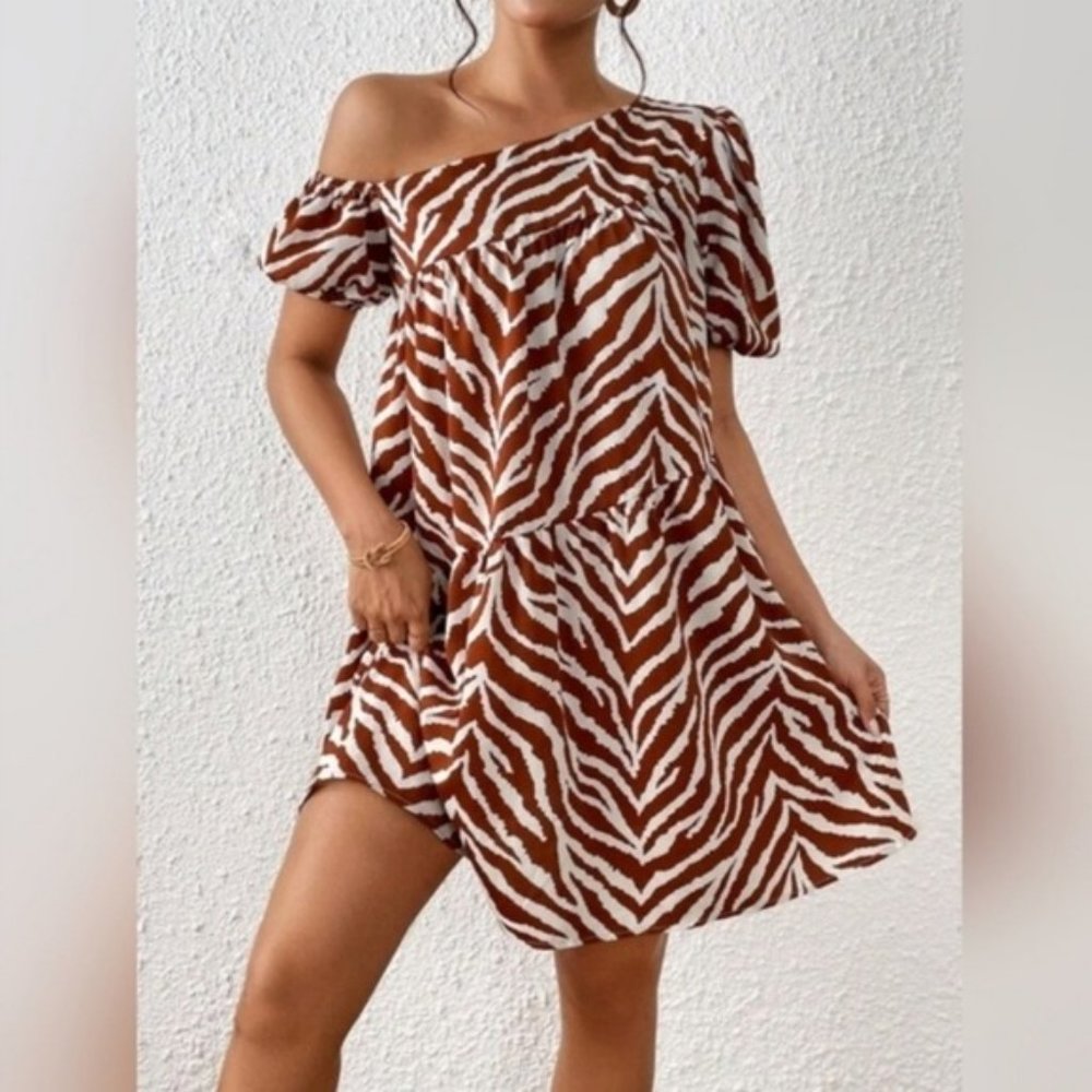 Puff Sleeve Ruffle Hem One Shoulder Smock Dress NWOT Asymmetrical Neck - Picture 6 of 6